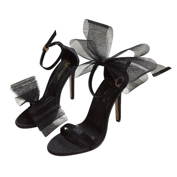 

dress shoes women sandals 2021 pointed toe buckle strap stilettos ladies high heels net yarn big bow heel black white