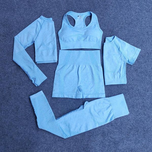 

5pcs seamless women yoga set workout sportswear gym clothing fitness long sleeve crop high waist leggings sports suits, White;red