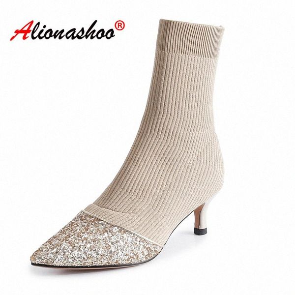 

women knitting sock boots 2020 spring autumn pointed toe stiletto heels ankle boots for women sequin patchwork black beige j9h1#