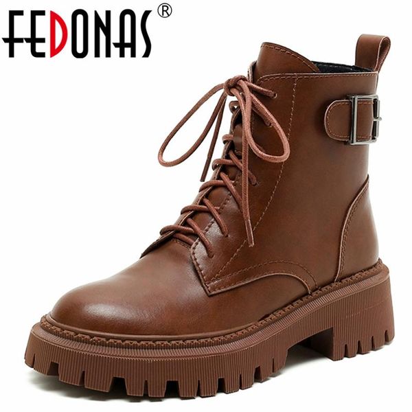 

boots fedonas fashion buckle women ankle genuine leather round toe thick heels cross-tied working casual zip shoes woman autumn, Black