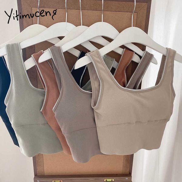 

yitimuceng sports crop women streetwear short cami fashion spaghetti strap tank light green black summer 210601, White