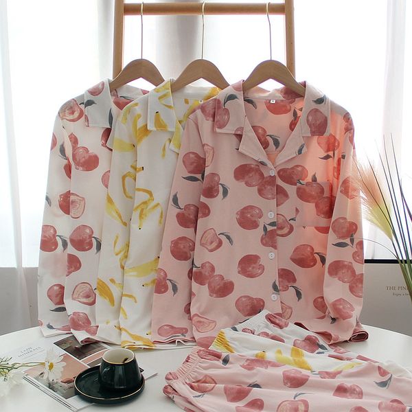 

2021 japanese spring ladies new cotton cardigan long-sleeved trousers fruit cute home service suit autumn and winter 229e, Black;brown