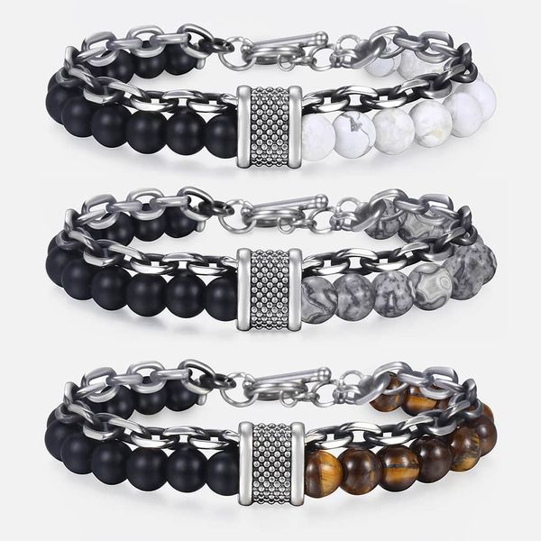 Homens Womens Gunmetal Aço Inoxidável Rolo Cabo Link Cadeia Natural Tiger Olhos Mapa Pedra Pulseira Frisada