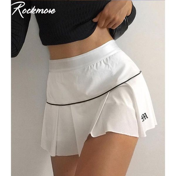 

rockmore y2k aesthetic mini skirts high waisted pleated letter print harajuku korean style clothes white skirt night club, Black