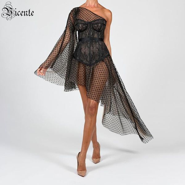 

casual dresses vc women's dress celebrity party one-shoulder polka dot tulle waist design puff sleeve ruffled mid-length, Black;gray