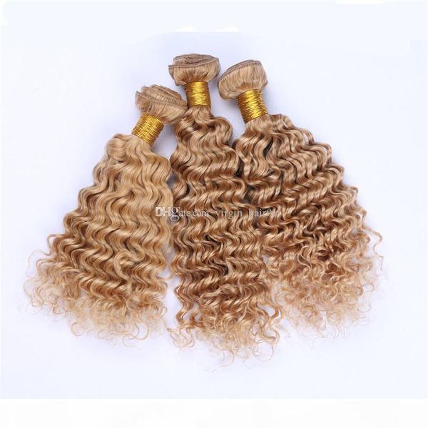 

deep wave #27 blonde virgin brazilian human hair weave bundles 3pcs lot bleach blonde brazilian virgin hair wefts deep wave hair, Black;brown