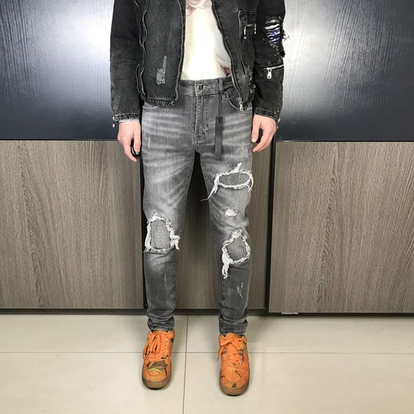 

2021 new american streetwear fashion men jeans elastic slim fit gray ripped denim punk pants patchwork hip hop trousers male m7, Blue