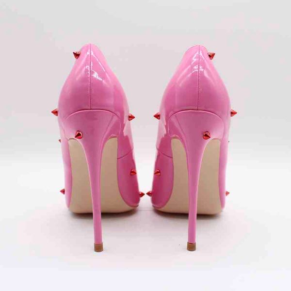 

fashion women pink patent leather studded spikes point toe high heels cone shoes sandals thin, Black
