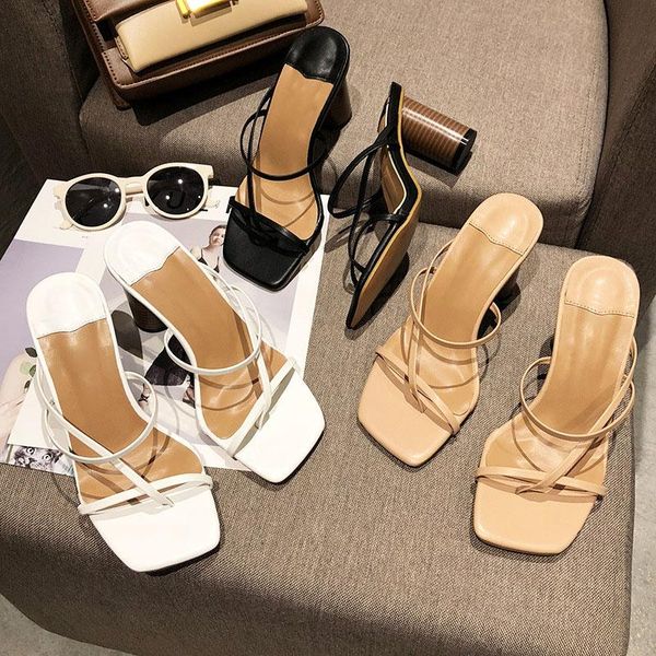 

slippers 2021 summer women sandals high cylindrical heel outdoor flip flops narrow band strap slides heels, Black