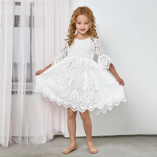 

girl's dresses 2021 fashion spring lace dress flare sleeve flowers hallowing out kids sweet clothing waves heming outfit1, Red;yellow