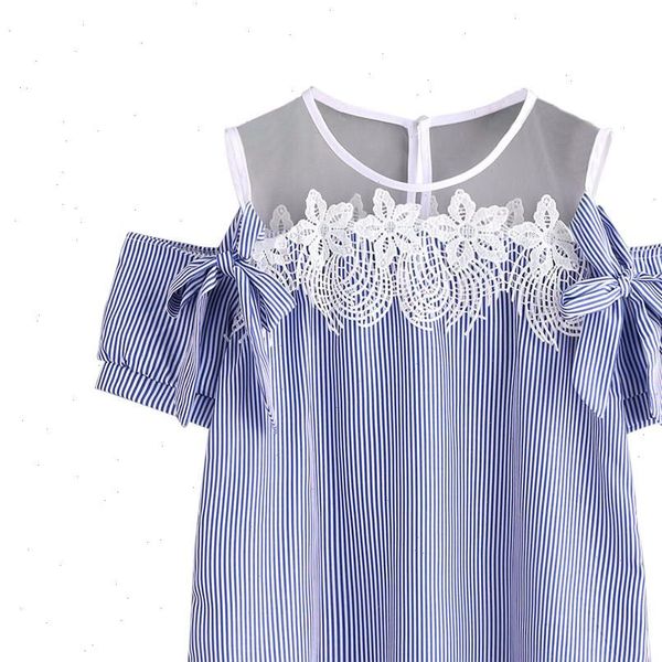 

blouse 2021 fashion women short sleeve off shoulder lace striped casual tumblr women casual, White