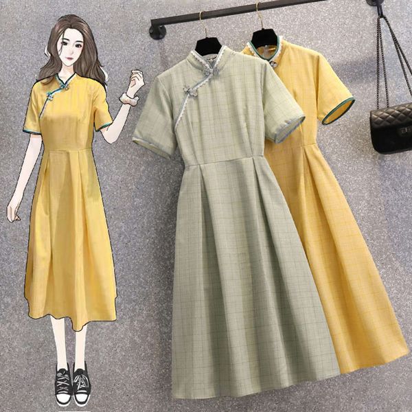 

large women's 2021 summer new mm improved cheongsam fat sister chinese style show thin cover belly dress, Black;gray