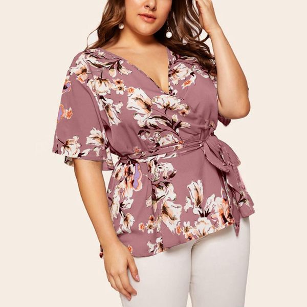 

casual v neck short blouse women short sleeve womens and blouses plus size v neck printed waist belt ladies blusas, White