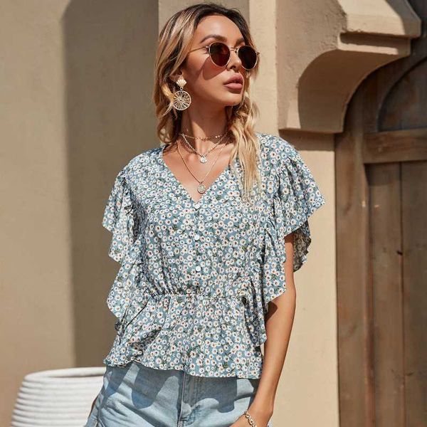 

summer floral print blouses women fashion ruffle v neck short sleeve loose girls shirts plus size casual ladies blouse 210608, White