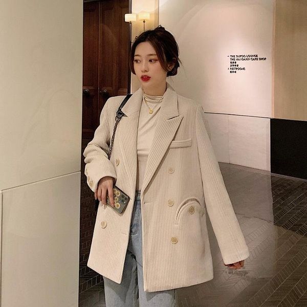 

spring 2021 new korean loose chenille thick casual suit jacket women's wild mid-length double breasted vintage blazer fall y1531, White;black