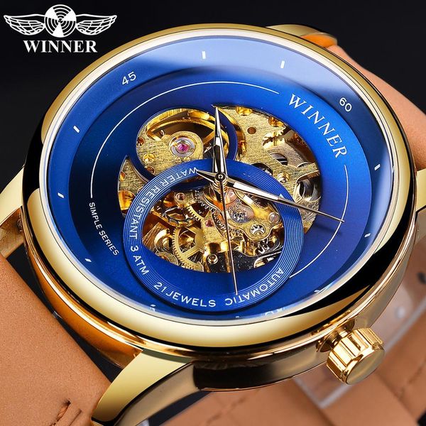 

winner mechanical automatic herds clock fashion leather band blue skeleton dial casual waterproof lighting, Slivery;brown