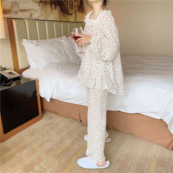 

women's sleepwear red cherry print home clothes women pajamas set shirts pants sleepwear 2 piece ladies nightgowns cotton homewear, Black;red