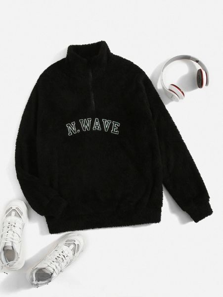 

men letter embroidery half zip fleece pullover v9ad#, Black