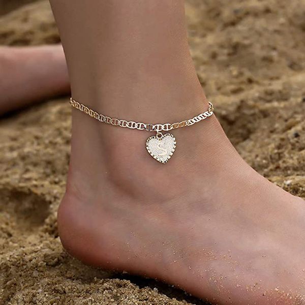 

heart initials ankle bracelet 14k gold plated letter anklet barefoot beach jewelry accessories leg bracelet for women girl jewelry, Red;blue