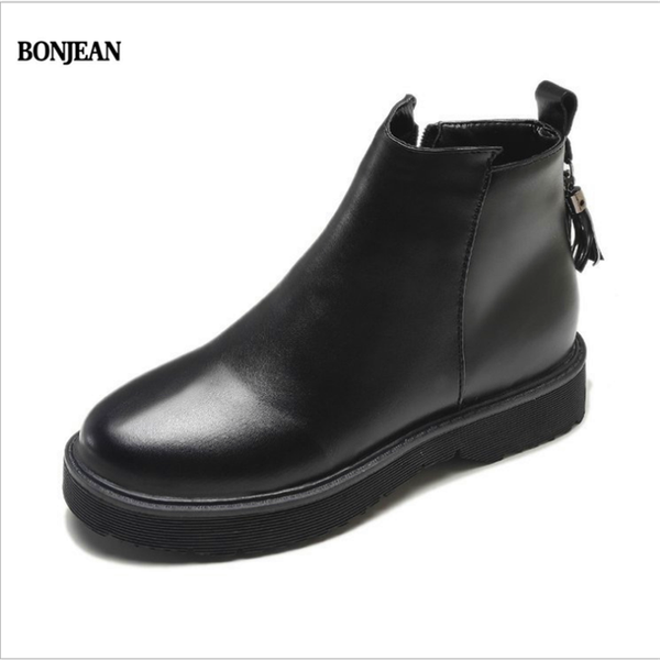 

boots bonjean women's leather fringed short fashion round toe zipper ankle for women with platform, Black