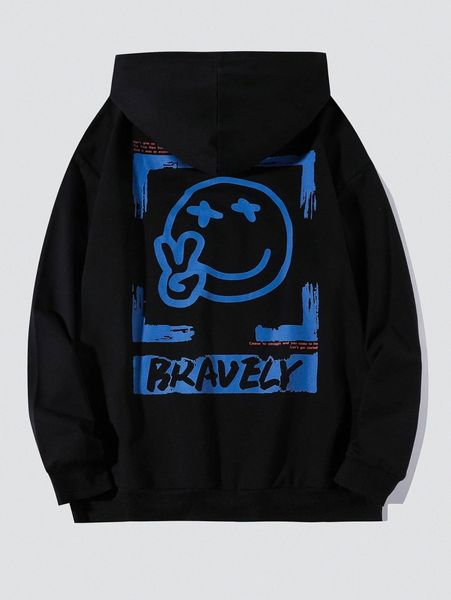

men cartoon and slogan graphic hoodie l4oj#, Black