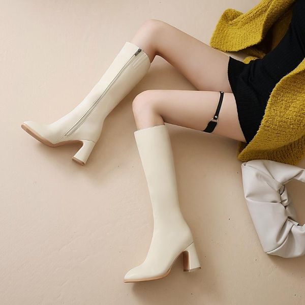 

boots kendall style women motorcyle fashion square toe knee high autumn winter warm patent leather heels shoes, Black
