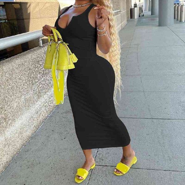 

summer long dress women fashion solid color deep cut v-neck fitting high waist casual wild daily streetwear tank dress, Black;gray