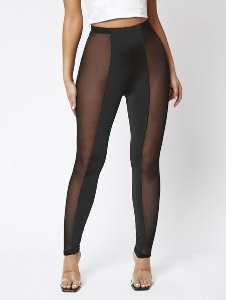 

sheer mesh panel solid leggings c972#, Black