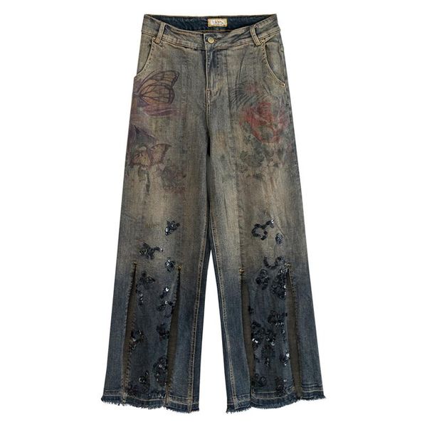 

women's jeans fall spring casual vintage women high waisted printed placket sequined wide leg pants , denim trousers for woman, Blue