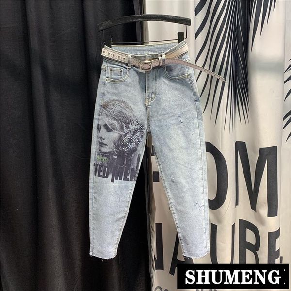 

women's jeans retro high waist 2021 spring slimming character printed harem pants fashion girls loose denim long trousers, Blue