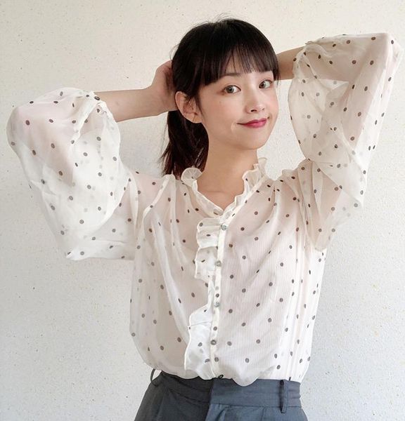 

women's blouses & shirts elfstyle french style women beige puff sleeve contrast polka dots printed blouse shirt features ruffled trim, White