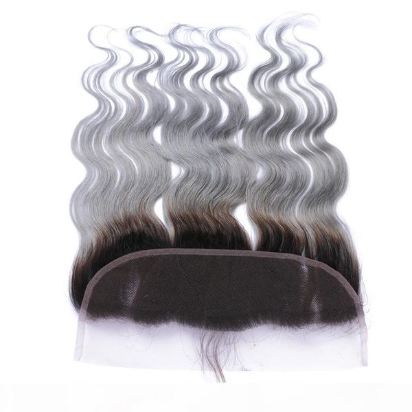 

#1b grey ombre indian human hair 13x4 ear to ear lace frontals body wave two tone silver grey lace frontal closure bleached knots, Black;brown