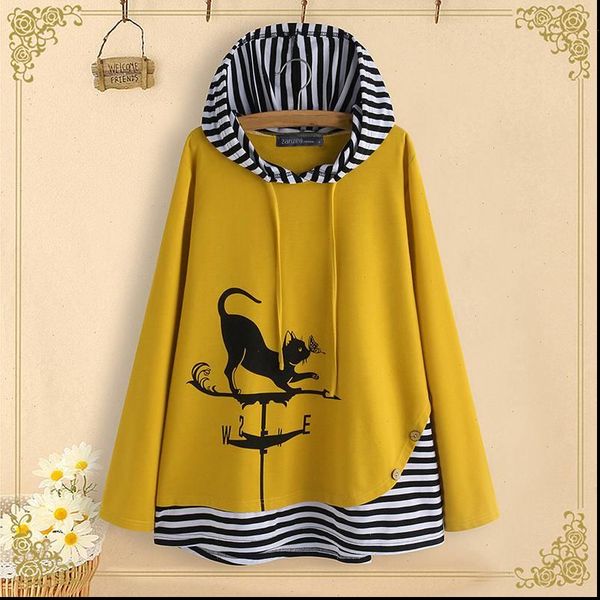 

plus size zanzea striped patchwork shirts sping cat cartoon print tunic women hooded long sleeve party blouse female blusas, White