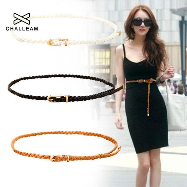 

women pu leather braided belt vintage gold pin buckle black white thin belt trouser skinny strap bohemia dress waistband 279, Black;brown