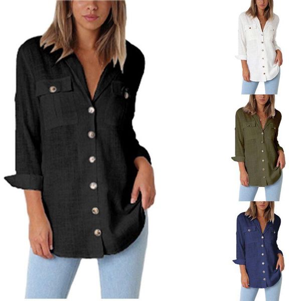 

women's blouses & shirts spring autumn fashion pocket button long sleeve casual solid color chiffon blouse v-neck comfortable t-shirt, White