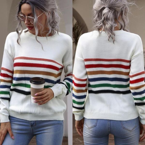 

women casual colorful striped sweater fashion classic long sleeve round neck loose fitting wild knitwear ladies autumn clothes, White;black