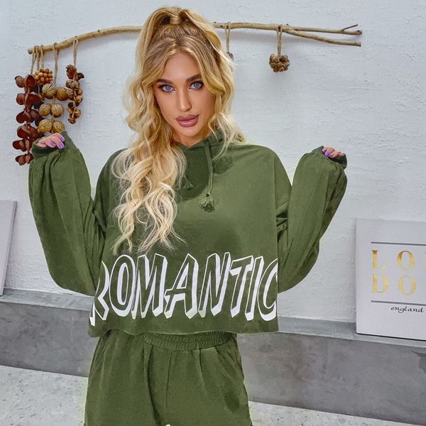 

2021 army green letter print mini crop hoodie sweatshirts women autumn long sleeve casual sport loose pullovers g0og, Black
