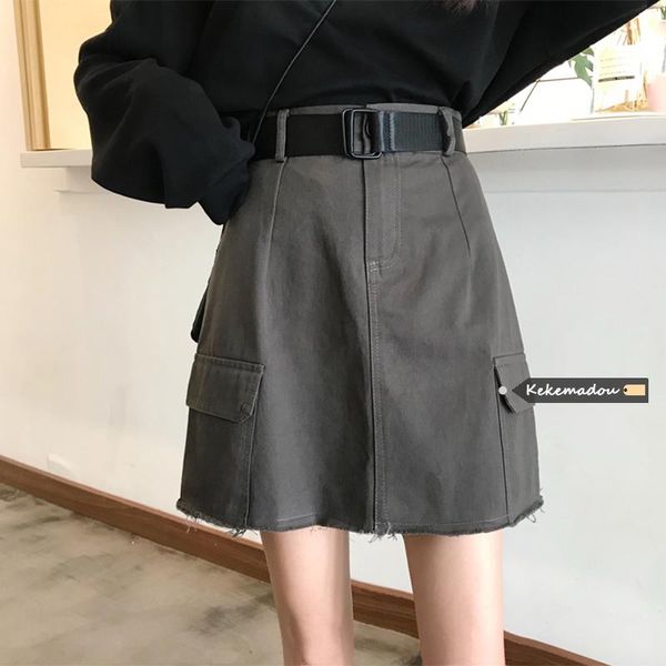 

skirts korean style short skirt women's 2021 spring and autumn high waist double-pocket fringed all-match hong kong-style, Black