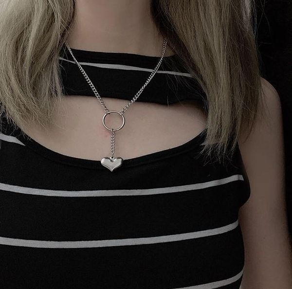 

pendant necklaces ins harajuku punk 100%stainless steel heart o round choker necklace for women girls gift anti-allergy statement jewelry, Silver