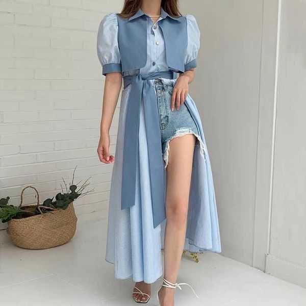 

party dresses [ewq] korea casual fashion trend women lapel single-breasted belt loose fake two-piece puff sleeve shirt dress summer 2021 6e9, White;black
