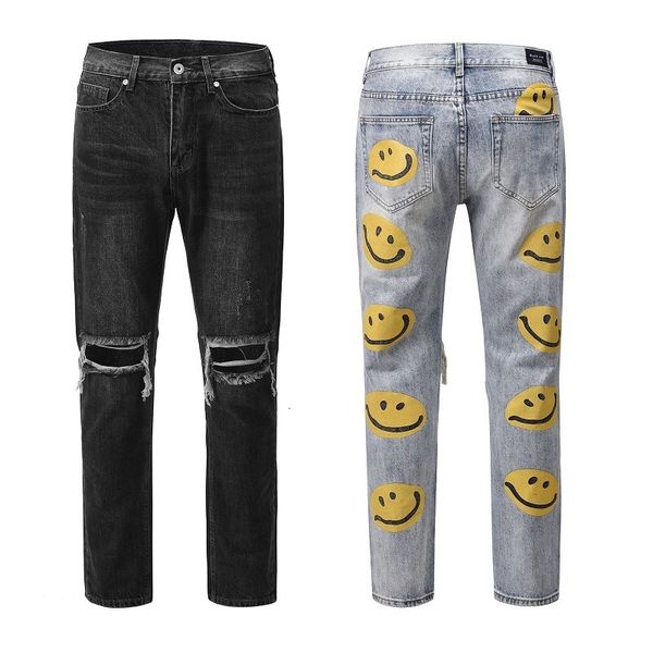 

jeans high street justin bieber's same smiling face broken hole for men and women, casual straight trend, Blue