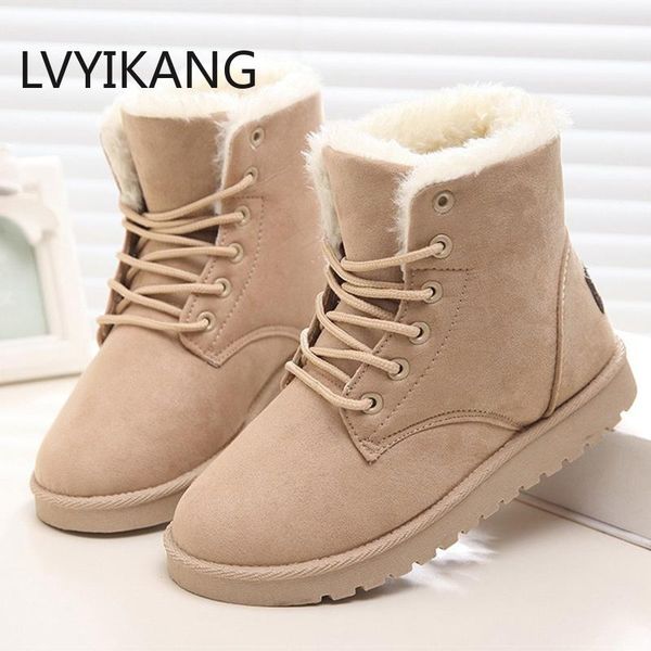 

boots women winter warm snow botas mujer lace up fur ankle ladies shoes black