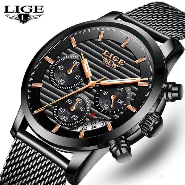 

wristwatches lige fashion gift men watches sport stainless steel quartz watch chronograph men's relogio masculino, Slivery;brown