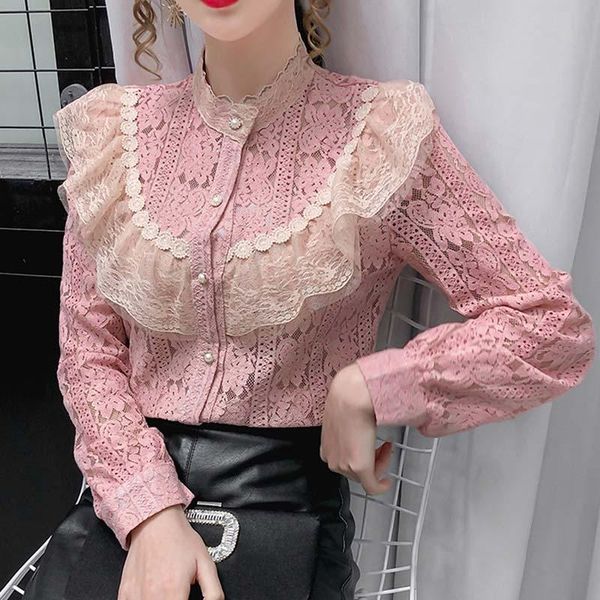 

women's blouses & shirts lace blouse women plus velvet thicken sweet ruffle stand-up collar shirt fashion office pink black white wint
