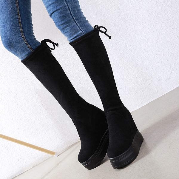 

long boots women winter suede high thick soled inside women's elastic, Black