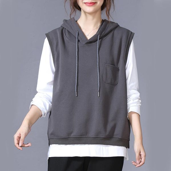 

women's vests 2021 plus size hooded vest female spring autumn korean style loose drawstring pullover casual womens, Black;white