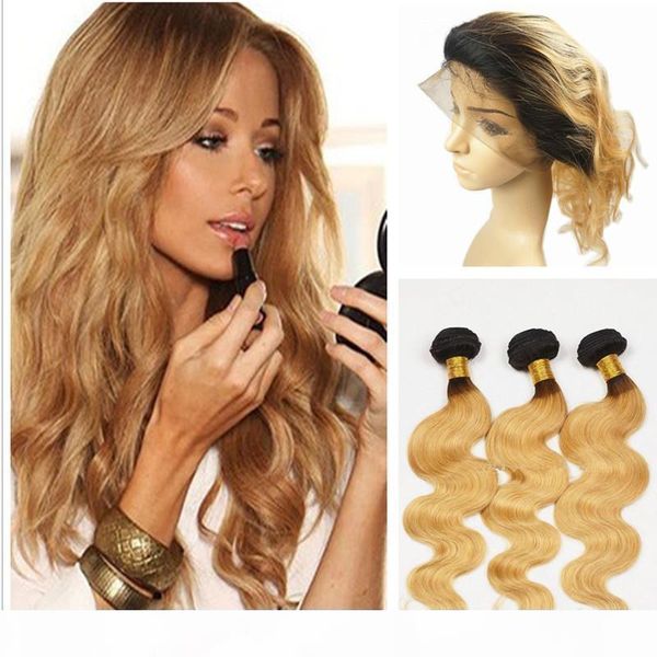 

ombre hair with 360 lace frontal two tone 1b 27 honey blonde ombre body wave virgin human hair bundles with lace band closure, Black;brown
