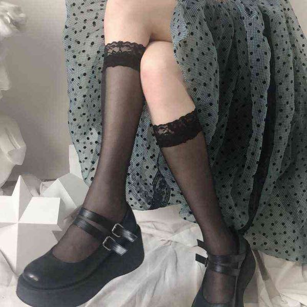

lace high knee socks long socks women transparent high elastic stockings kawaii socks y1119, Black;white