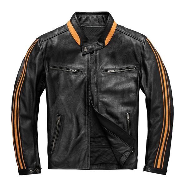 

men's leather & faux 2021 motorcycle jacket pure layer cowhide genuine cycling jersey, Black