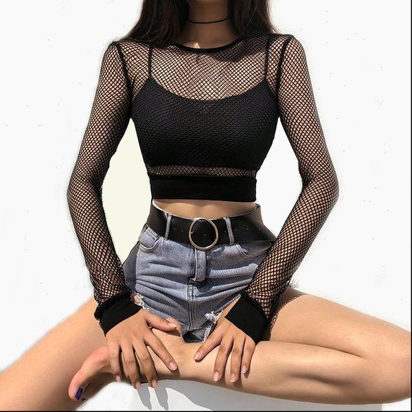 

goth crewneck see through mesh crop long sleeve black shirts for women emo clothes melanin shirt woman tshirts ale, White